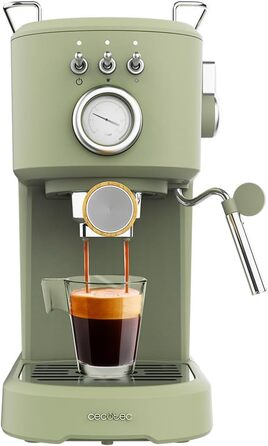 Кавоварка Compact Power Espresso 20 Retro Green 1100 Вт, 20 бар, система термоблоків, поворотний відпарювач, важіль фільтра з подвійним виходом і 2 фільтрами, 1,25 літра з манометром зеленого кольору