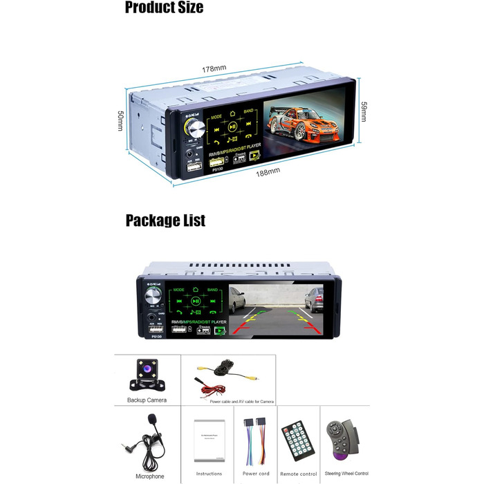 Автомобільна стереосистема CAMECHO RDS Bluetooth 1 Din стерео 4,1-дюймовий ємнісний сенсорний екран FM/AM радіоприймач Подвійний порт USB/AUX-вхід/TF карта камера заднього виду/зовнішній мікрофон/керування на кермі 4,1-дюймова автомобільна стереосистема1 