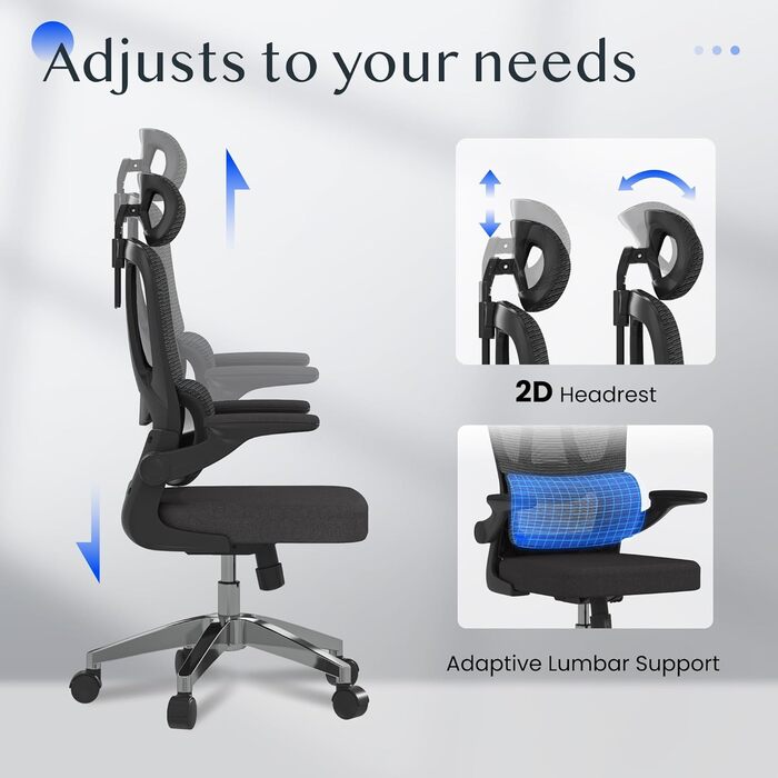 Ергономічне офісне крісло FLEXISPOT, письмове крісло з 2D-підголівником, складними підлокітниками та динамічною поперековою опорою, крісло з функцією гойдання 120 для домашнього офісу, кабінету, офісу (чорне) LITE(FOAM) Чорний