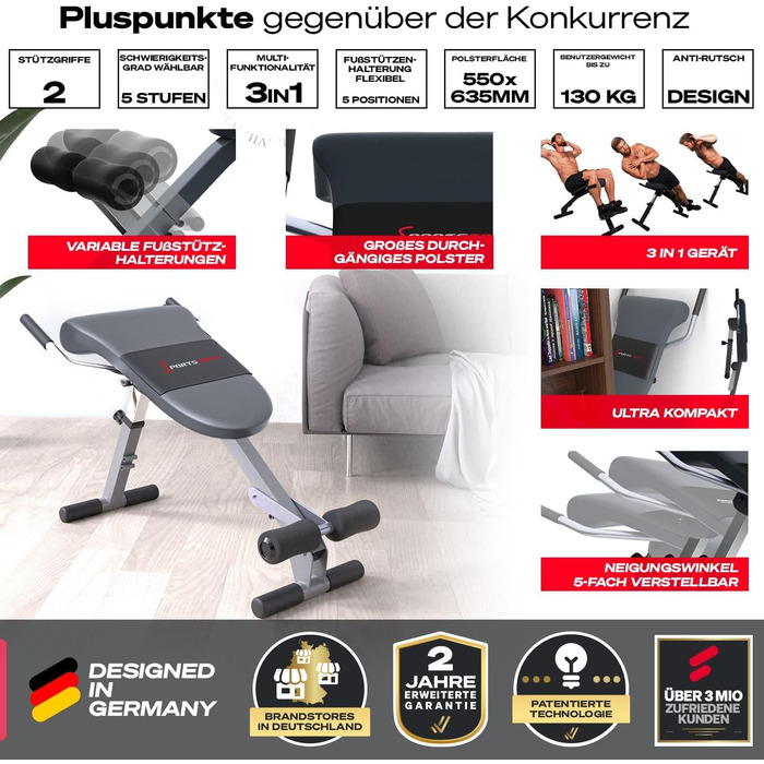 Складана та регульована силова лава Sportstech 3-в-1 для домашнього використання тренажер для пресу, спини та згинання ніг Ідеально підходить для ефективного та результативного тренування в домашньому спортзалі вагою до 130 кг BRT200 Silver