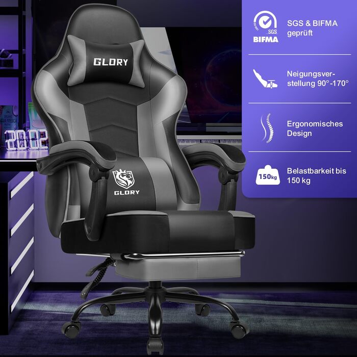 Ергономічне ігрове крісло з підставкою для ніг, ігрове офісне крісло з вантажопідйомністю 150 кг, ігрове крісло зі штучної шкіри, регульоване по висоті ігрове крісло для підлітків та дорослих, сірий колір