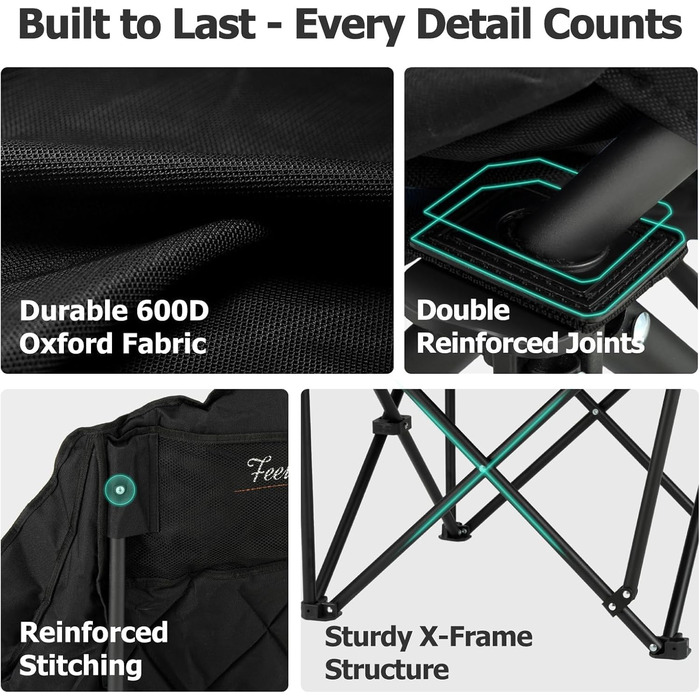 Розкладне крісло/диван для кемпінгу великого розміру - Витримує до 204 кг - Складане крісло для кемпінгу, з м&39якою підкладкою, тримачем для напоїв, кишенею-холодильником, високою спинкою для використання на вулиці/в приміщенні/в саду, чорне, одномісне