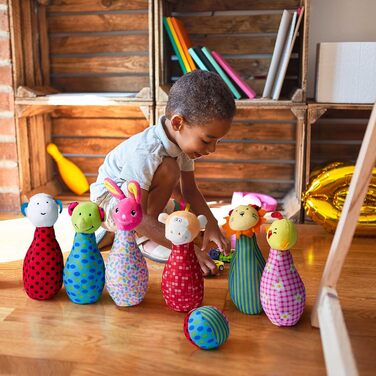 Набір для боулінгу THE TWIDDLERS з 6 плюшевих іграшок та 1 м&39яча з брязкальцем, набір для боулінгу для немовлят та малюків - м&39який та миється - подарунковий набір на дні народження та Різдво