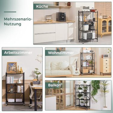 Складана полиця DEANIC, книжкова шафа на 4 полиці, кухонні полиці на колесах, металева полиця для вітальні, комора (61 x 116 x 28 см, чорна) чорна, 4 яруси