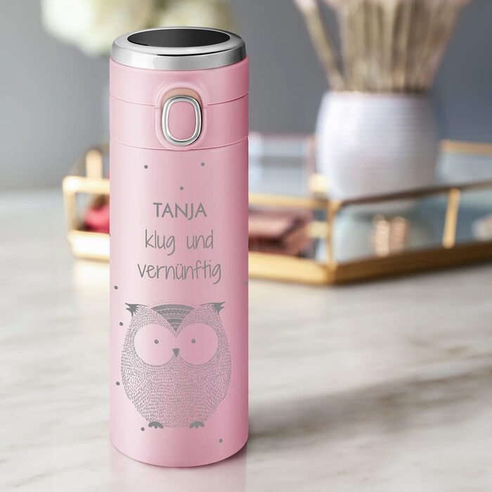 Термокружка Maverton з гравіюванням, 400 мл - Пляшка для води з нержавіючої сталі - зі світлодіодним дисплеєм температури - Герметична, 100 водонепроникна - Для жіночих днів народження - Рожева - Сова