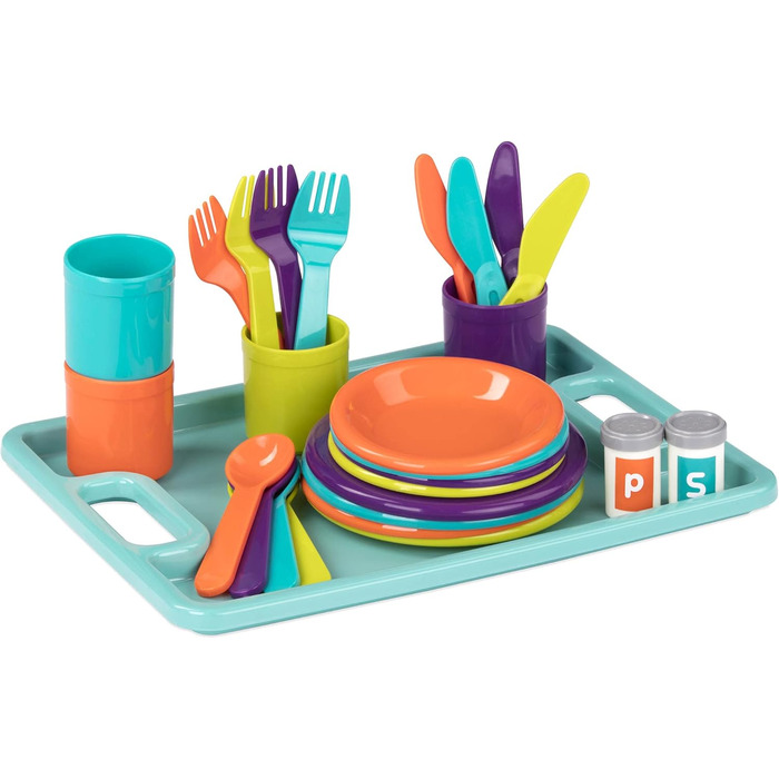 Набір посуду та чайного сервізу Battat, аксесуари для дитячої кухні тарілки, чашки, столові прибори, чайник, підноси - дитячий пос