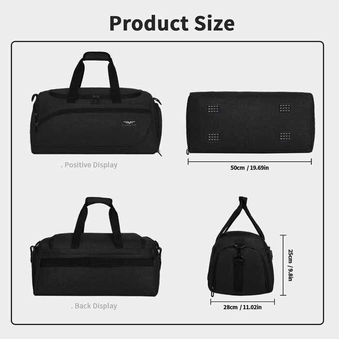 Спортивна та дорожня сумка FIORETTO 35L для жінок та чоловіків, з відділенням для взуття та відділенням для вологих речей, водонепроникна сумка для тренувань, тренажерного залу, подорожей, плавання, сауни, футболу, чорна 35l-чорна