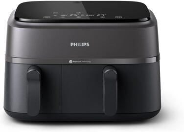 Мультипіч Philips із подвійним кошиком серії 3000, 9 л, 2 шухляди, функція синхронізації, технологія Rapid Air, універсальна велика фритюрниця, на 90 менше жиру та енергозбереження, додаток HomeID (NA350/00)