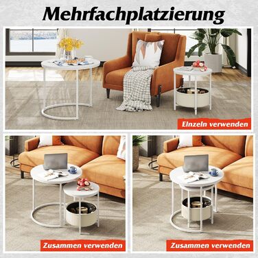 Круглий журнальний столик WLIVE білий, журнальний столик для вітальні з місцем для зберігання, бічний столик з металевим каркасом, журнальний столик для вітальні, спальні, офісу, білий