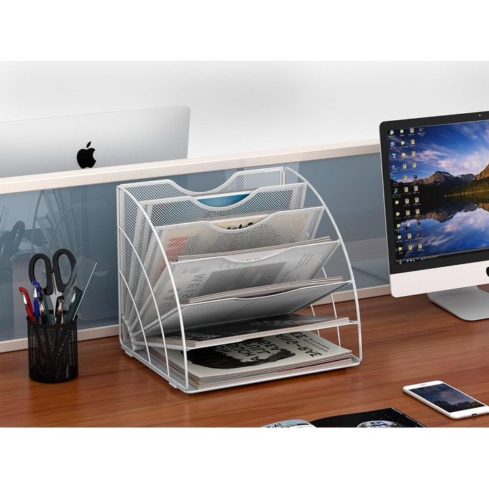 Металевий офісний органайзер EasyPAG з 6 відділеннями у формі віяла A4, тримач для документів, лоток для файлів, тримач для журналів, лоток для листів, органайзер для паперових журналів, білий