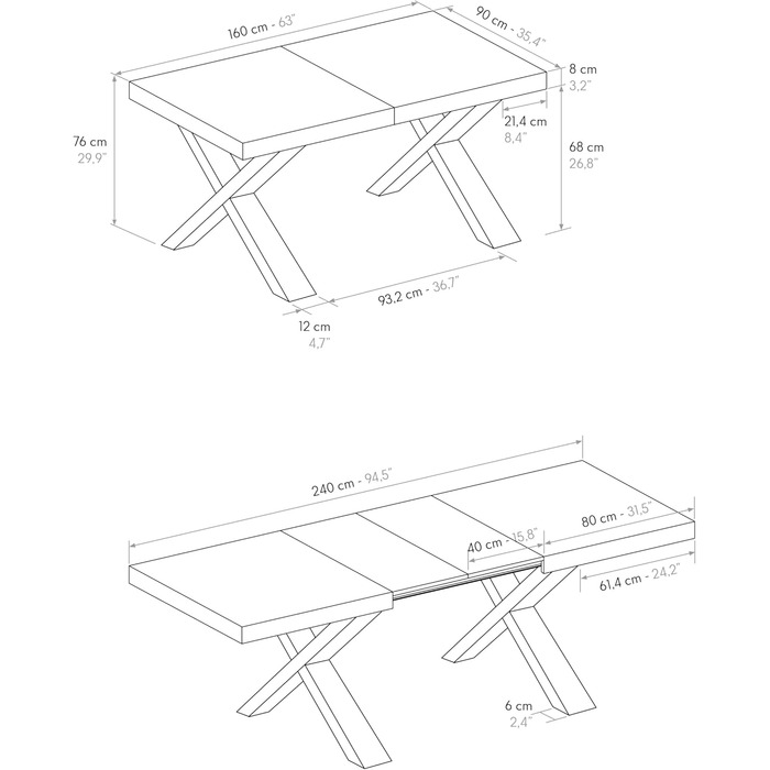 Розсувний стіл Elisa, Стіл для вітальні або кухні, Схрещені ніжки X Чорний, Зроблено в Італії, Рустикальний дуб, 160x90x76 см - id1997 160x90x76 Чорна основа Рустикальний дуб