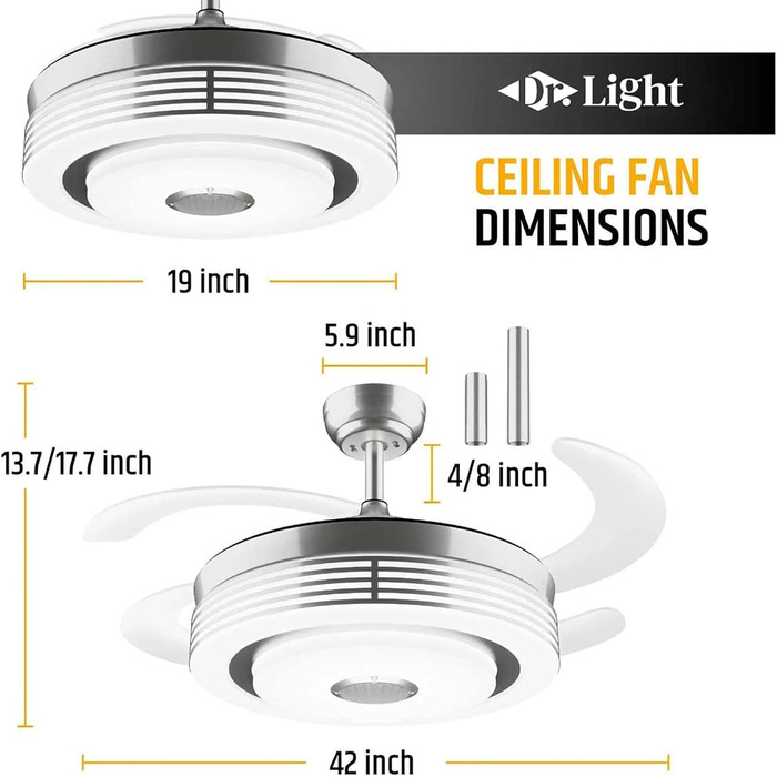 Дюймовий сучасний висувний стельовий вентилятор з підсвічуванням і динаміком Bluetooth Розумний стельовий вентилятор зі зміною кол