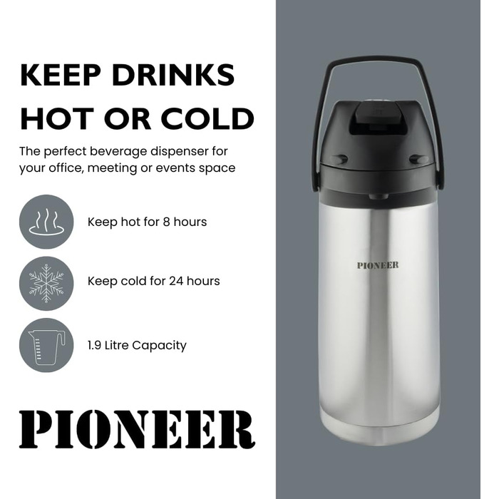 Термос Pioneer Flasks Airpot з нержавіючої сталі з важелем, пляшка для гарячої та холодної води, для чаю, кави, для конференцій, подій, 1,9 літра, сріблястий (SS19HC)