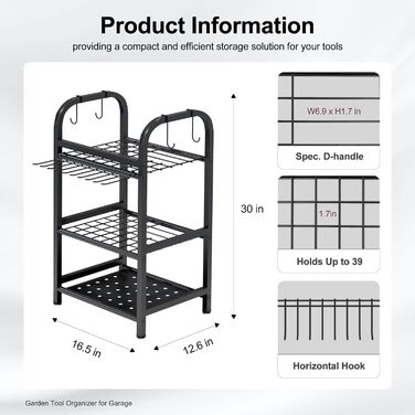 Органайзер для садових інструментів BUTUNITA для гаража, стелаж для зберігання в гаражі, сараї, на вулиці, у дворі Органайзер для інструментів до 39 лопат, граблі, мітла, чорний метал, органайзер для садових інструментів 16,5 x 12,6 x 30 дюймів