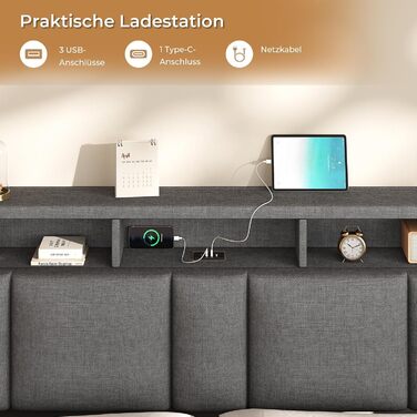 М&39яке двоспальне ліжко 140x200 з ящиком для зберігання, гідравлічне ліжко з місцем для зберігання зі світлодіодним освітленням та розетками, ліжко 140x200 см з узголів&39ям для зберігання, рейковий каркас, льон, темно-сірий (без матраца) 140 x 200 см те