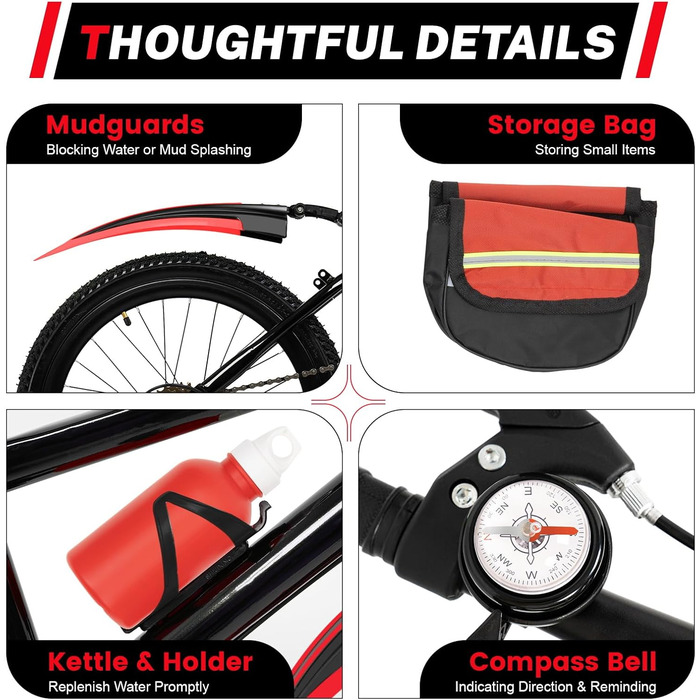Дюймовий дитячий гірський велосипед, 7-швидкісний дитячий велосипед для хлопчиків та дівчаток з пляшкою для води, сумкою для зберігання, дзвіночком-компасом, велосипед з вуглецевої сталі, вантажопідйомність 85 кг, червоний, 20-