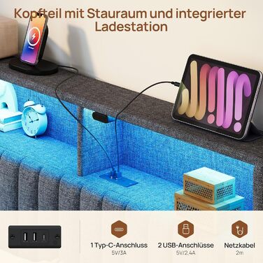 Металеве ліжко-семитуфля 90x200 см зі світлодіодним освітленням, включаючи рейковий каркас, плаваюча конструкція, стабільне та міцне, легке складання, сірого кольору без матраца сірого кольору 90 x 200 см