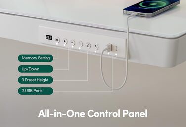 Електричний стіл FEZIBO для роботи стоячи зі скляною стільницею, регульована висота, 140 x 60 см, стіл для домашнього офісу, з портами зарядки USB-A-C, біла рама/біла стільниця