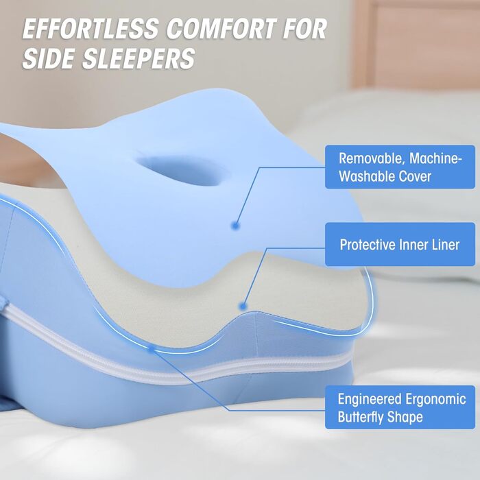 Подушка для колін для тих, хто спить на боці, та при болях при ішіасі, два чохли, які можна прати в пральній машині, та захисна внутрішня підкладка, подушка для колін з піни з пам&39яттю форми зі знімним та регульованим підтримуючим ремінцем, лише ОДНА по
