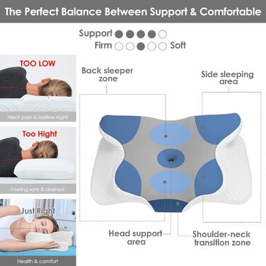 Велика подушка для шиї з піни з ефектом пам&39яті, ергономічна ортопедична подушка, регульована по висоті, подушка для сну на боці, спині та животі - 63 x 42 см x 9/12 см
