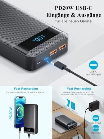 Зовнішній акумулятор для мобільного телефону Power Bank 26800mAh 22.5W PD20W швидка зарядка Powerbank USB C зі світлодіодним дисплеєм 3 виходи і 2 входи Портативний зарядний пристрій для смартфонів