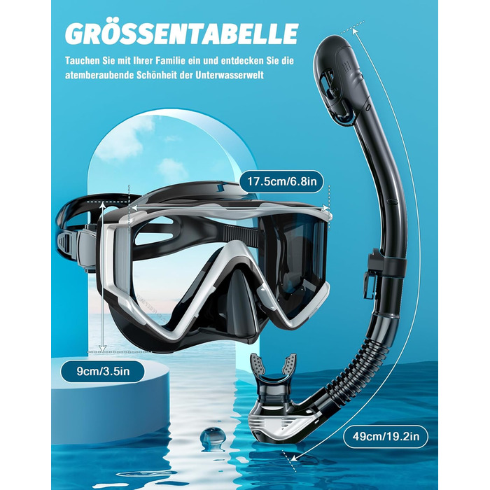 Набір для дорослого підводного плавання, маска для дайвінгу з трубкою, маска для підводного плавання з 3 вікнами, захист від запотівання, захист від протікання, професійний набір для дорослого підводного плавання, плавання та дайвінгу, сріблястий чорний