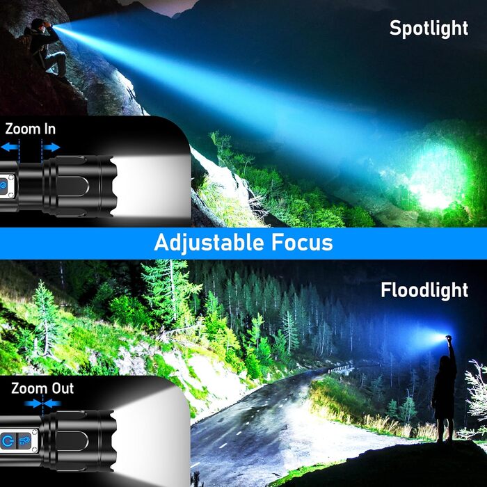 Світлодіодний ліхтарик Blukar з 2 колірними температурами, основним світлом та боковим COB-світлом, акумуляторний, надзвичайно яскравий, плавно регульований, ручний ліхтарик із можливістю масштабування, 7 режимів, водонепроникний для надзвичайних ситуацій
