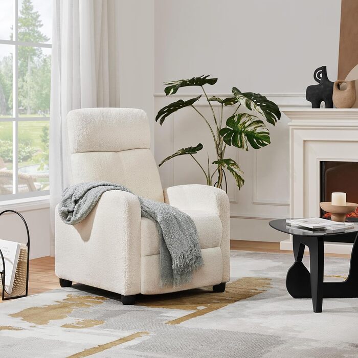 Крісло для відпочинку Yaheetech, крісло для телевізора, одномісний диван, реклайнер з регульованою підставкою для ніг, крісло для відпочинку з тканини букле, кольору слонової кістки.