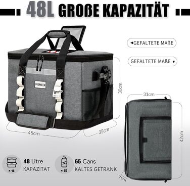 Велика сумка-холодильник 48 л, велика складна сумка-холодильник на 65 банок з верхнім відкриттям, водонепроникна ізольована сумка для покупок XXL, ідеально підходить для поїздок, пікніків, кемпінгу, походів, пляжу, темно-сіра