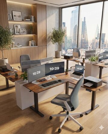 Стіл Marsail для роботи стоячи, регульований по висоті, з електричною розеткою 10,2 см, L-подібний електричний стіл для роботи стоячи з гачком для навушників, стіл для роботи стоячи для домашнього офісу, стабільна робоча станція для письма, рустикальний д