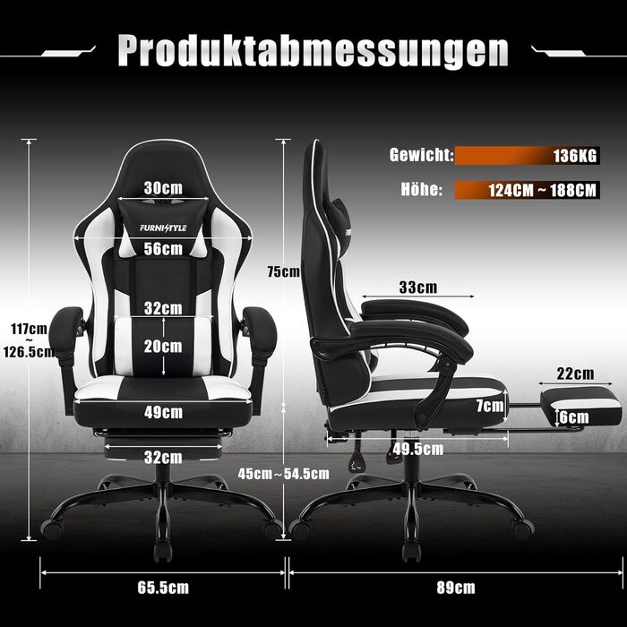 Ігрове крісло Hellove з підставкою для ніг, ергономічне ігрове крісло, крісло для відеоігор з поперековою опорою, регульовані підлокітники для дорослих та підлітків, PU чорно-біле