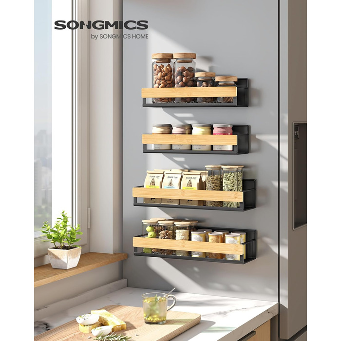 Магнітна полиця для спецій SONGMICS, набір з 4 шт. , 2 великі та 2 малі полиці, органайзер для спецій без свердління, магнітна полиця, для кухні, холодильника, мікрохвильової печі, пральної машини, чорно-натуральний бежевий KCS062BH01 чорно-натуральний бе