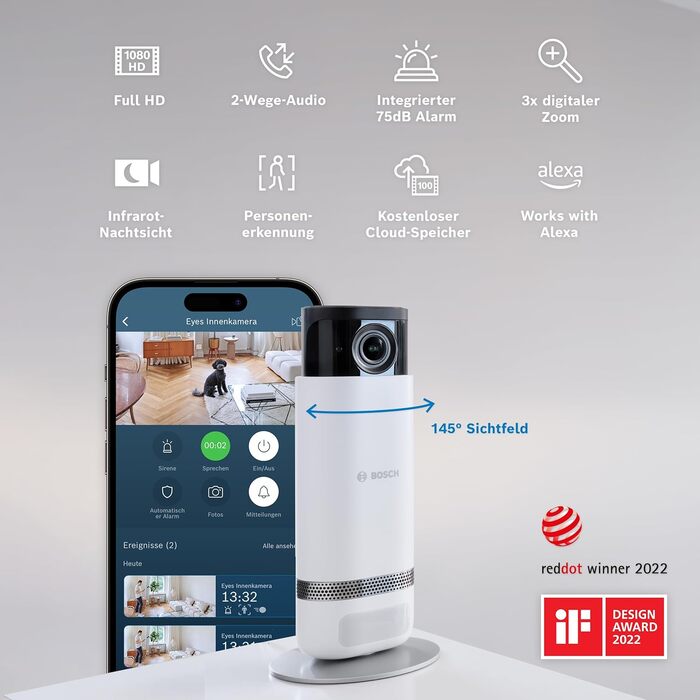 Внутрішня камера Bosch Smart Home Eyes II, внутрішня камера безпеки 1080p WiFi, сумісна з Storeo Alexa, лише рух