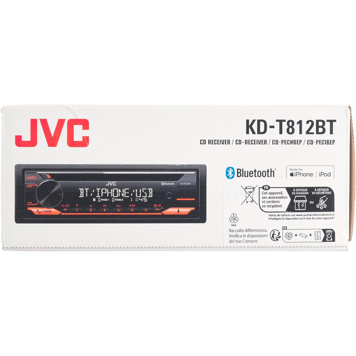 Ресивер JVC KD-T812BT із системою гучного зв'язку BT (вбудований Alexa, високопродуктивний тюнер, звуковий процесор, USB, AUX, Spotify Control, 4 x 50 Вт, підсвічування червоної клавіші) Одномісний