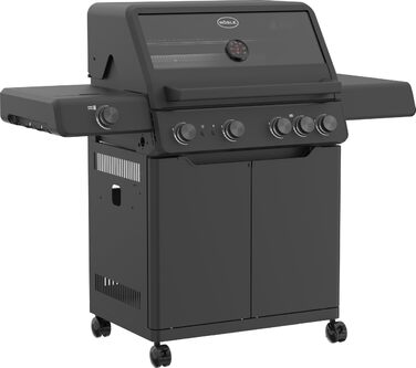 Газовий гриль RSLE ALLFLAME Hero 4 4 пальники (по 3,5 кВт), PRIMEZONE, BACKBURNER, робоча поверхня 70x45 см, чавунні решітки, алюмінієве лиття, кришка зі скляною вставкою, підсвічування ручок, чорний