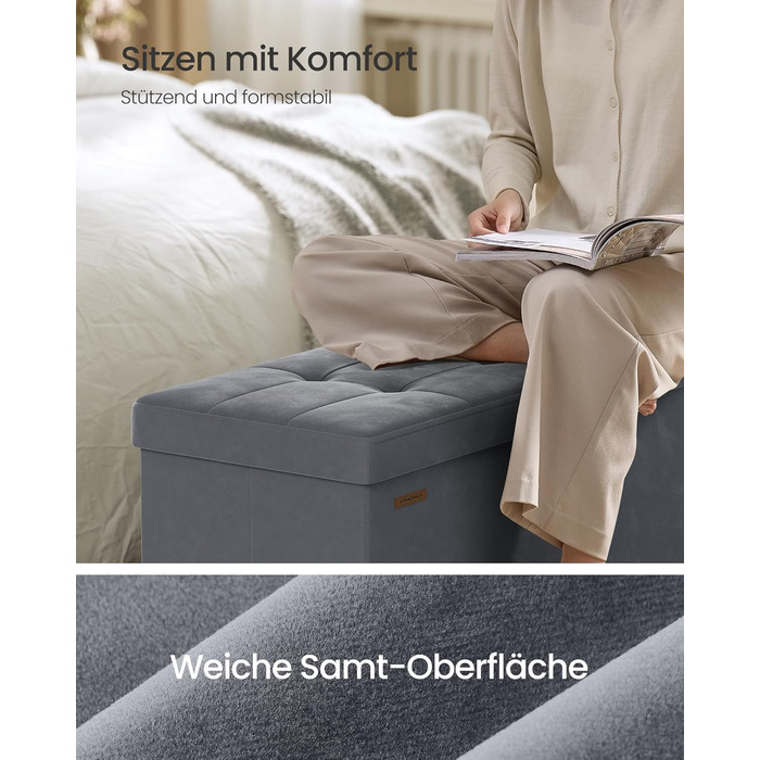 Лавка для зберігання, Складаний табурет, 38 x 110 x 40 см, Коробка для зберігання з кришкою, Пуф для ніг 112 л, Оксамит, Вантажопідйомність до 300 кг, Коридор Вітальня Спальня, Шиферно-сірий LSF0518G02 110 см 112 л Сірий