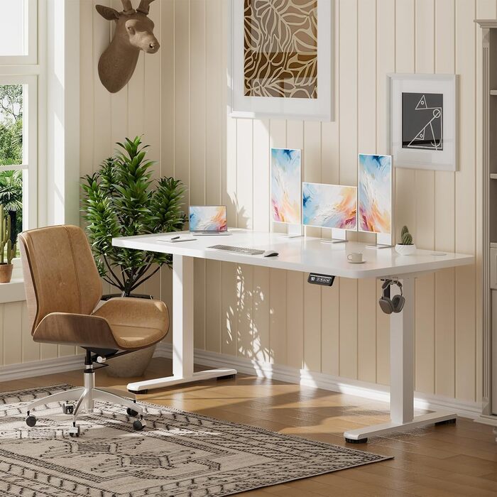Стіл з регульованою висотою 140 x 60 см, електрично регульований стіл для офісу, комп&39ютерний стіл з функцією пам&39яті, стіл для роботи стоячи, білий 140 x 60 см