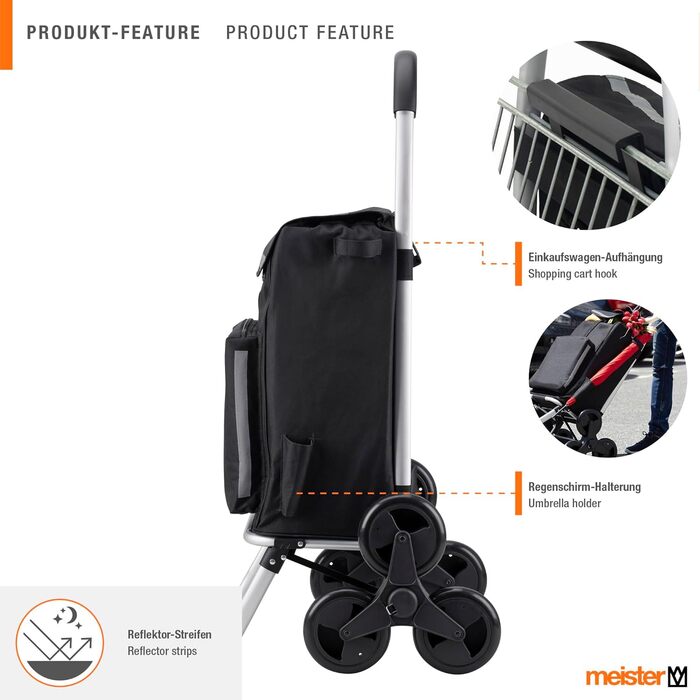 Чорний складаний візок для покупок Meister, 54 5 л подолання 3-х сходинок з термосумкою знімний водонепроникний мішок з гачком для кріплення до візка