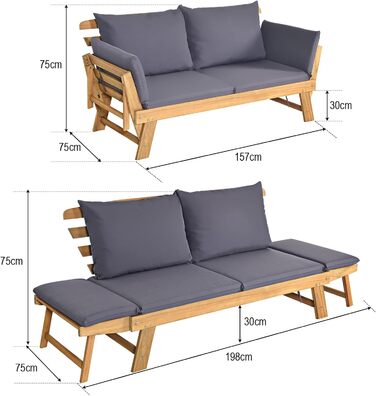 Садова лавка GOPLUS дерев'яна, садовий диван з функцією відкидання, 2-3-місна дерев'яна лавка зі складними бічними підставками, в т.ч. подушка, балконна лава, лавка вулична для саду, тераса, балкон, 157 x 75 x 75 см (сірий)