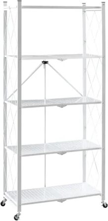 Складана полиця з колесами 5 полиць/відсіків Білий Вантажопідйомність 250 кг ВxШxГ 167x72x34 см Полиця для зберігання, металева полиця, складна полиця, 5 полиць, білий