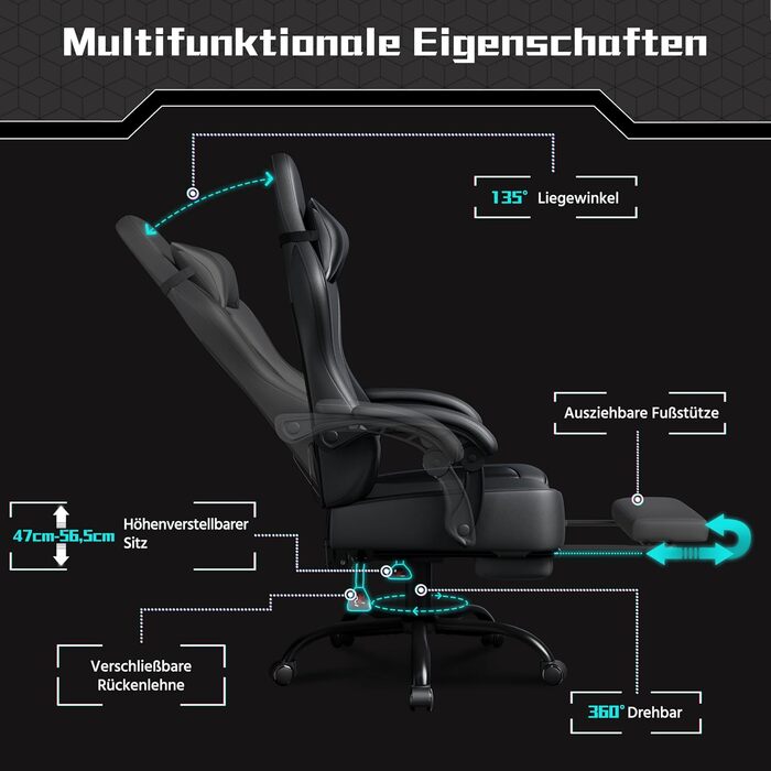 Ігрове крісло Yaheetech, ергономічне ігрове крісло з функцією масажу та висувною підставкою для ніг, регульована спинка, регульована висота, комп&39ютерне крісло, обертове крісло (чорне)