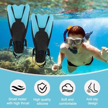 Ласти для снорклінгу, регульовані ласти для дайвінгу, короткі з сумкою для перенесення, ласти для плавання для дітей та дорослих, розмір 34-38, легкі дорожні ласти для плавання та снорклінгу, сині, S