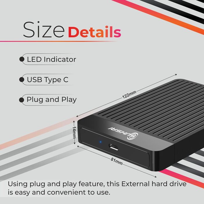 Портативний зовнішній жорсткий диск SUHSAI USB 3.1, 2,5-дюймовий кишеньковий жорсткий диск для резервного копіювання/зберігання, 500 ГБ HDD, тонкий жорсткий диск, сумісний з MacBook, ПК, ноутбуком, настільним комп'ютером, Chromebook (чорний)