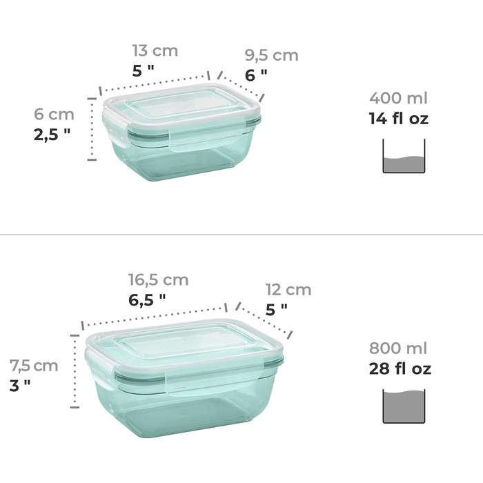 Набір контейнерів для зберігання продуктів Grizzly з 4 предметів (0,4 л, 0,8 л, 1,4 л, 2,3 л), прямокутні, пластикові, 100 герметичні/водонепроникні, придатні для використання в мікрохвильовій печі, м&39ятно-зелені