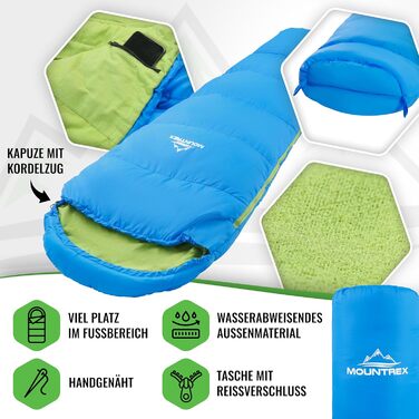 Дитячий спальний мішок MOUNTREX 5C / 15C підкладка 100 бавовна спальний мішок для дітей 17570 см легкий та компактний, портативний, як рюкзак ідеально підходить для кемпінгу, дитячого садка та ночівлі синій/зелений 175 x 70 x 45 см