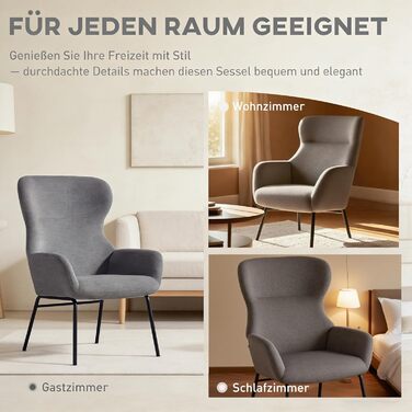 Крісло HOMCOM Wingback, крісло для вітальні, крісло для відпочинку, крісло-реклайнер з високою спинкою, сталеві ніжки, м&39яке крісло з лляним виглядом, крісло для читання для спальні, темно-сірий