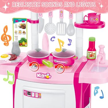 Мініатюрний кухонний набір deAO My Little Chef, рольова гра зі світлом і звуками, елементами води та 18 аксесуарами (рожевий)