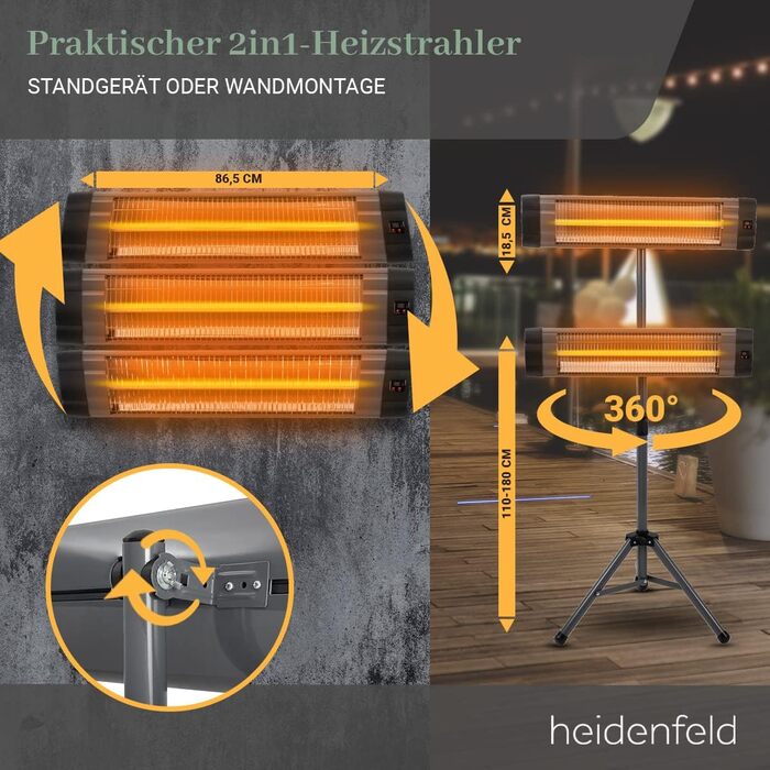Інфрачервоний обігрівач Heidenfeld IH100 Комплект 3-в-1 - 2500 Вт - Пульт дистанційного керування - Штатив - Захисний чохол - Обігрівач для патіо - Інфрачервоний обігрівач - Обігрівач для пеленального столика (IH100)