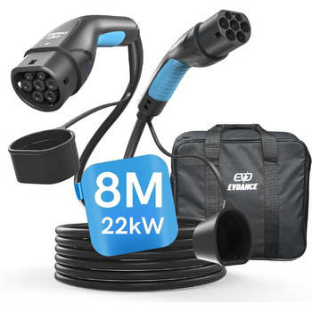 Зарядний кабель EVDANCE Type 2 22кВт 32А 8м 3-фазний Тип 2 на Тип 2 з сумкою для E Auto EV/PHEV, сумісний з 3/S/X/Y, i3, ID.3, ID.