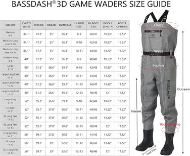 Вейдерси Bassdash 3D Angler&39s, надміцні чорні картаті нейлонові ПВХ рибальські мисливські вейдерси для чоловіків, сірі, XL, довгі 11-12 футів